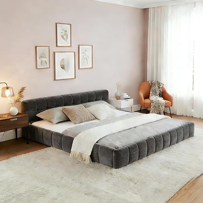 KEIKI King Thick Chenille Bed Frame with 4 Storage Drawer & Upholstered Tufted Headboard, Modern Solid Wood Floor Platform for Bedroom, No Box Spring Needed