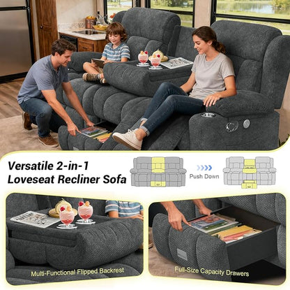 RV Loveseat Recliner Sofa, 3 Seater Reclining Sofa with Flip Back Console, Modern Reclining Couch with USB Ports, Cup Holders, Insert Pockets, RV Recliners for Travel Trailers & Living Room
