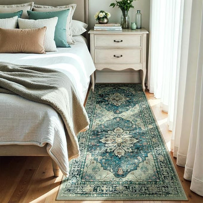 RELEANY Area Rugs Runner 3'x6' Washable Non-Slip, Floral Vintage Distress Medallion Carpet for Kitchen Hallway Bedroom Beside Laundry Room Bathroom, Dark Blue Vintage