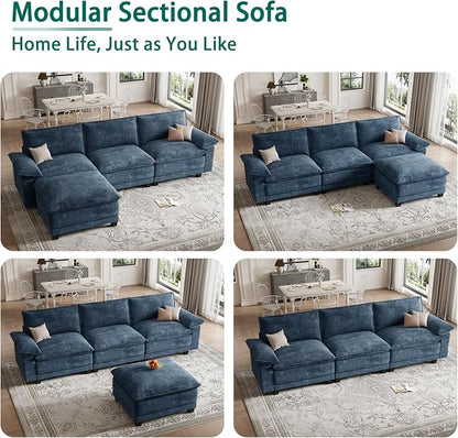 Modern L Shaped Sofa Couches for Living Room, Modular Sectional Cloud Couch with Movable Ottoman, Comfy Chenille Sofa for Apartment and Small Space,Blue
