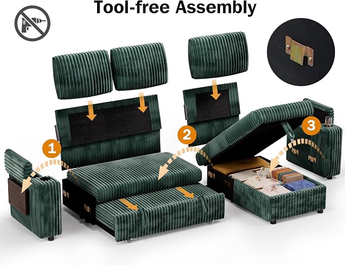 WEUP 86" Modular Sectional Sleeper Sofa with Pull Out Bed, 3 Seat Plush Corduroy L Shaped Couch with Storage Chaise|USB Ports|Cup Holders|Side Table|Storage Armrests, Tool Free Assembly, Green