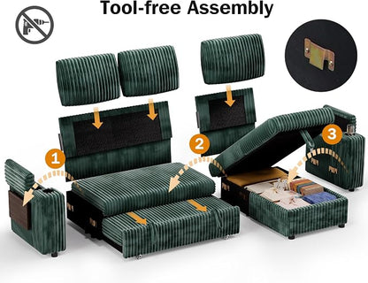 WEUP 86" Modular Sectional Sleeper Sofa with Pull Out Bed, 3 Seat Plush Corduroy L Shaped Couch with Storage Chaise|USB Ports|Cup Holders|Side Table|Storage Armrests, Tool Free Assembly, Green
