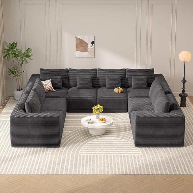 Modern U Shaped Modular Sectional Sofa, Convertible Oversized Cloud Couches for Living Room, Comfy 8 Seater Corduroy Boneless Couch Sofa Set, No Assembly Required, Beige 1 PCS