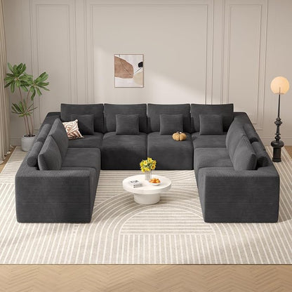 Modern U Shaped Modular Sectional Sofa, Convertible Oversized Cloud Couches for Living Room, Comfy 8 Seater Corduroy Boneless Couch Sofa Set, No Assembly Required, Beige 1 PCS