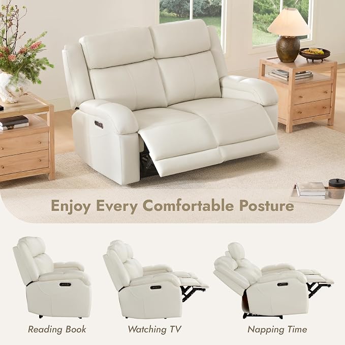 Watson & Whitely Genuine Leather Power Loveseat Recliner Sofa, 2 Seat Wall Hugger Reclining Sofa with Power Headrest & Charging Ports, Dual Recliner Sofas for Living Room, RV, Cream