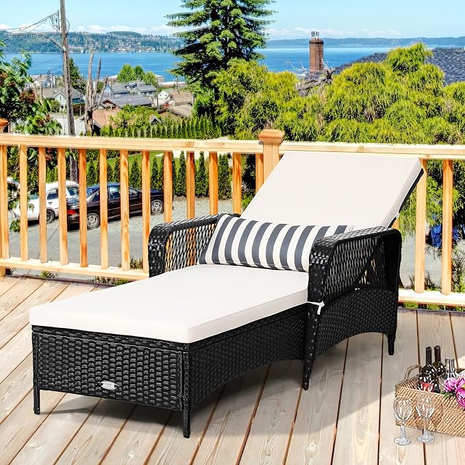 COSTWAY PE Rattan Chaise Lounge Chair Armrest Recliner Adjustable Pillow Black