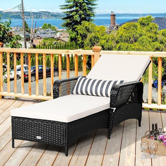 COSTWAY PE Rattan Chaise Lounge Chair Armrest Recliner Adjustable Pillow Black