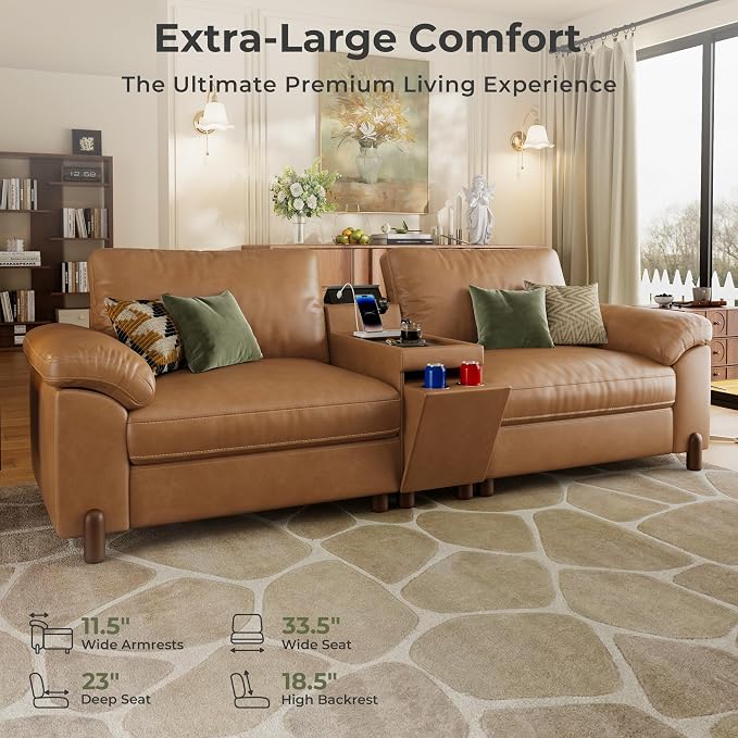 SITJOY Large Cloud Couch, 100" Wide Loveseat Sofa, Faux Leather in Brown | Pet-Friendly Scratch-Resistant Leather Sectional Sofas for Living Room, Deep Seat Wide Couch with Cuphoders