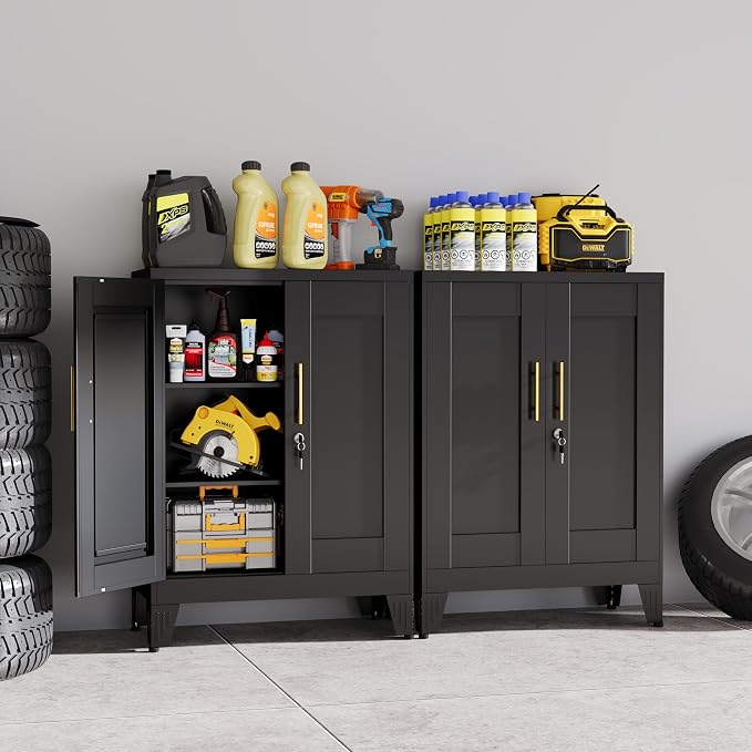 Black Metal Storage Cabinet, 36" Tall Locking Storage Cabinet, 12”D | with 2 Adjustable Shelves, Steel Locker Organizer, Metal Freestanding Buffet Cupboards Sideboard for Office, Home, School,2PS