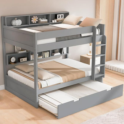 Harper & Bright Designs Rustic Wood Bunk Bed with Pull-Out Trundle, Full Over Full Wooden Bunk Bed with Large Cabinet Beside Upper and Down Bed, Gray