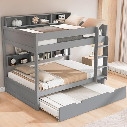 Wood Bunk Bed Full Over Full Size with Built-in Storage Shelves, Versatile Bunk Bed Frame with Ladder and Trundle Bed for Kids Teens Adults, Maximize Space (Gray-2.10)