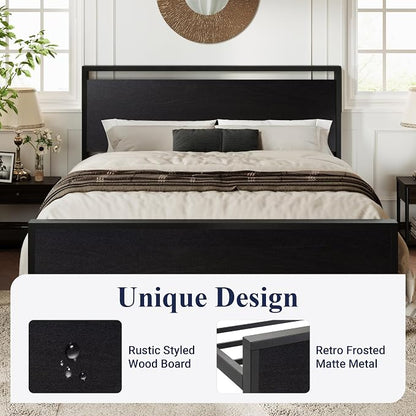 Allewie King Size Platform Bed Frame with Wooden Headboard and Footboard, Heavy Duty 12 Metal Slats Support, No Box Spring Needed, Under-Bed Storage, Noise Free, Easy Assembly, Black Oak