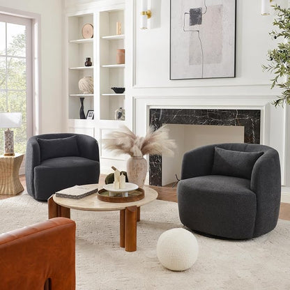 KINWELL 34" Wide Boucle Swivel Barrel Chairs Set of 2, No Assembly Round Upholstered Armchairs Accent Chairs Single Sofa Chair with Toss Pillow for Living Room and Bedroom, Dark Grey
