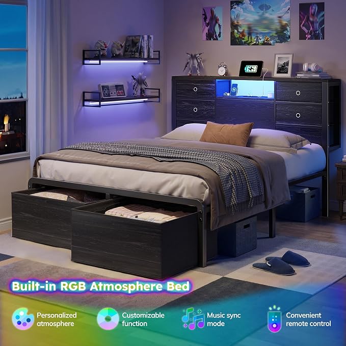 Homkdom Full Size Bed Frame with 8 Fabric Drawers Storage, LED Lights & Charging Station, Metal Platform Bed Frame with Headboard Storage Providing Noise-Free and Easy Assembly,Black