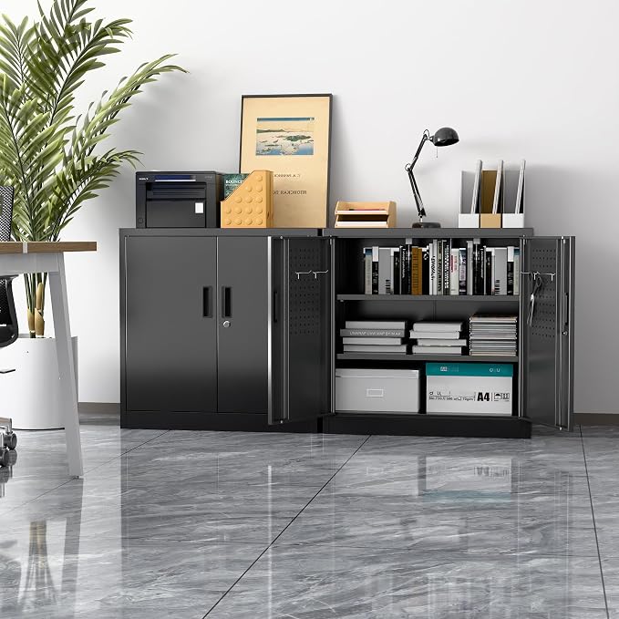 Metal Garage Storage Cabinet with Lock and Pegboard, Locking File Cabinets with Doors and Shelves for Office,Home,Garage,Gym, School, Assembly Required, Black