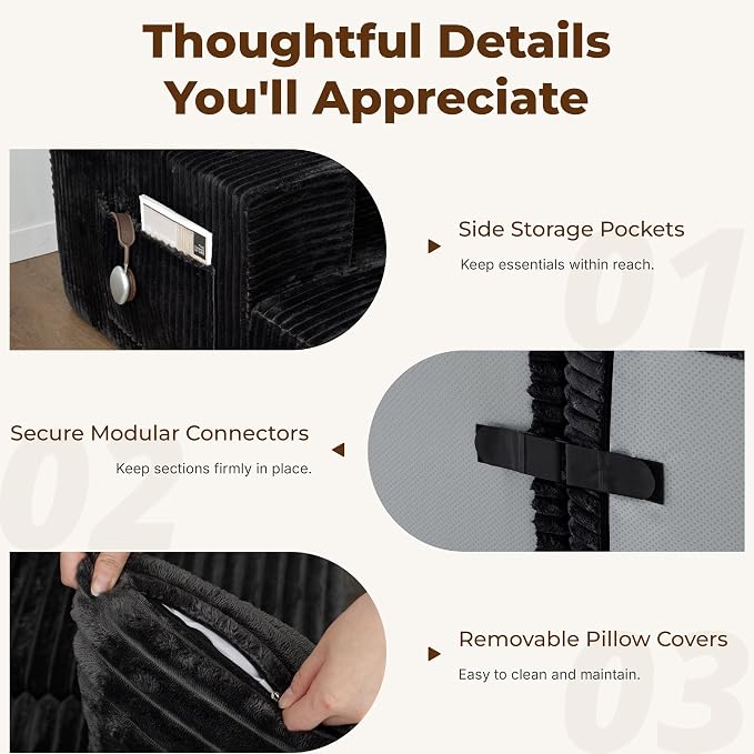 Modular Sectional U-Shaped Sofa with Deep Seat, Modern Boneless Comfy Corduroy Fluffy Couch with Side Pockets and Anti-Slip & Floor-Friendly Bottom for Living Room, No Assembly, Black