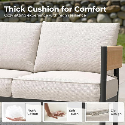 Grand patio 5-Piece Outdoor Furniture Set, 5 Seats Wicker Sofa Conversation Set with 3-Seat Couch, Thick Cushions and Coffee Table, for Backyard, Balcony, Garden (Natural)