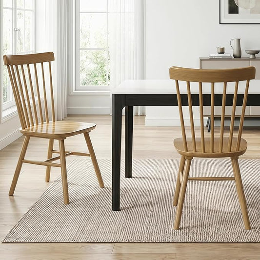 AreShark Windsor Dining Chairs, Farmhouse Wooden Dining Room Chairs, Solid Wood Kitchen Chairs with Spindle Back Set of 2, Natural Wood