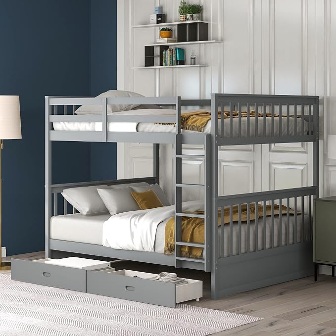Merax Full-Over-Full Bunk Bed with Two Storage Drawers, Solid Wood Full Size Bunk Bed with Guardrail and Removable Ladder, Can be Converted Into 2 Separate Beds, Grey