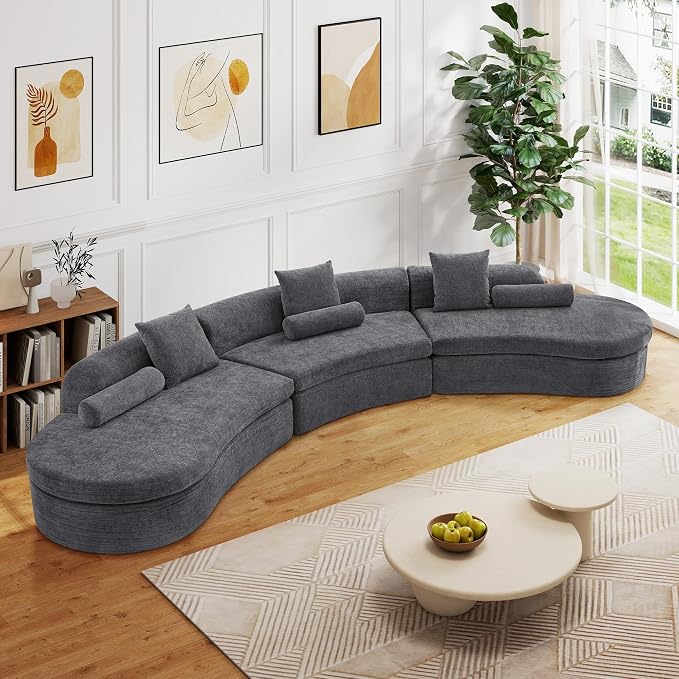 AVZEAR Curved Modular Sectional Sofa, Chenille Upholstered Cloud 6 Seater Couch for Living Room, No Assembly Modern Love Seat Sofa with 3 Bolster Pillows & 3 Square Pillows, High-Density Foam, Gray