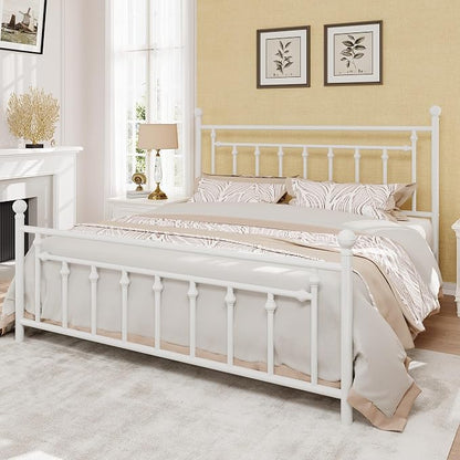 SHA CERLIN 14" King Size Metal Platform Bed Frame/Victorian Headboard and Footboard/Steel Slats Mattress Foundation for Storage/No Box Spring Needed/Noise Free/White