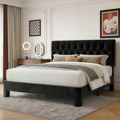 Vipbear King Bed Frame, Velvet Fabric Upholstered Platform Bed with Button Tufted Headboard, Strong Wooden Slats Support, Noise Free, Easy Assembly, Adjustable Headboard, No Box Spring Needed, Black | Plush velvet