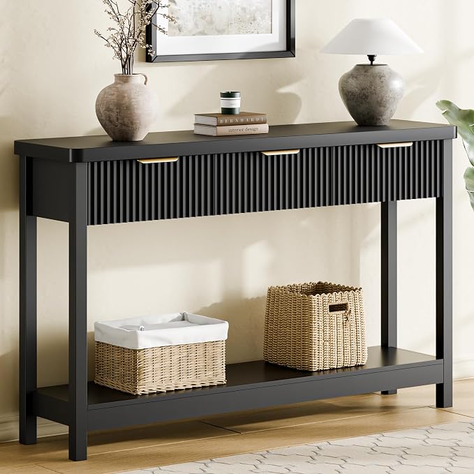 Lulive Fluted Console Table, 51 Inch Entryway Table with 3 Drawers | Scandi farmhouse look with quiet full-extension slides, open lower shelf, profile for hallway, entry, foyer or behind sofa.