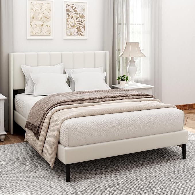 Sismplly Full Size Bed Frame and Headboard,Vertical Channel Tufted Wingback No Box Spring Needed, Mattress Foundation, Easy Assembly White