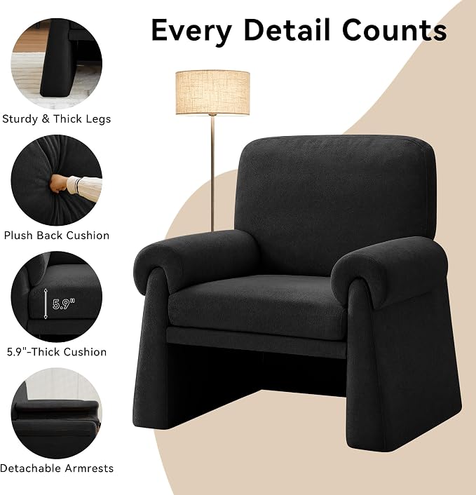 Accent Chairs Set of 2, Modern Living Room Chairs, Comfy Single Sofa Chair with Thick Cushion and Armrests, Upholstered Reading Club Chair, Arm Chair for Living Room Bedroom, Black