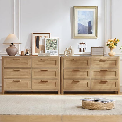 Joaxswe Farmhouse 6 Drawer Dresser for Bedroom, Horizontal Dressers with 6 Deep Drawers & 4 Thickened Table Legs, Natural