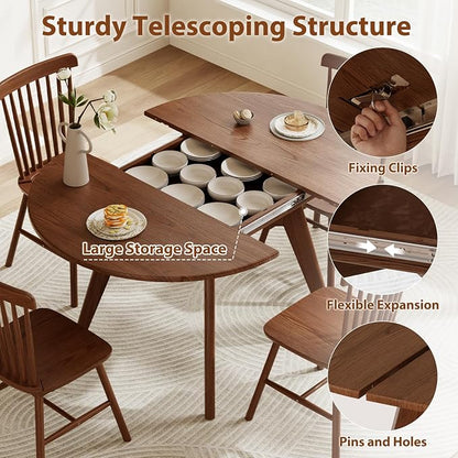 Solid Wood Round Extendable Dining Table, 43″-59″ Expandable Dining Table for 4-8, Oval Extendable Dining Room Table with Hidden Storage, Oval Dining Tables with Leaf, Walnut Round Kitchen Table