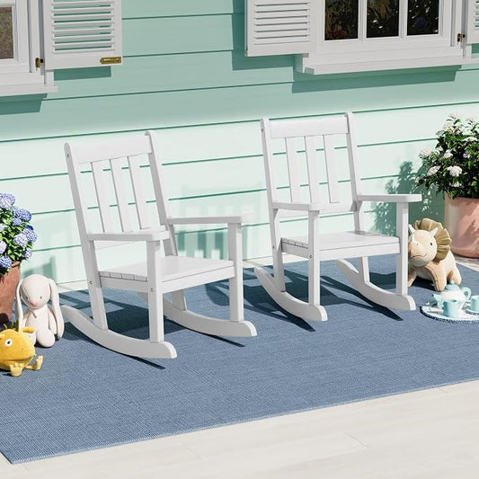 Costaelm Paradise Kids Outdoor Preschool HDPE Plastic Rocking Chair (Set of 2), White