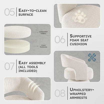Lexicon 360 Degree Swivel Accent Chair, Modern Comfy Corduroy Round Barrel Chair, Open Back, Plush Foam Cushions, Metal Swivel Base for Living Room/Bedroom/Office/Small Spaces, Beige