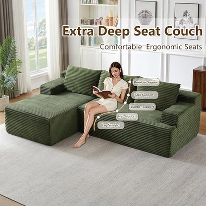 96.1" Modular Sectional Sofa Couches L-Shape Couch 3 Seat Modular Sofa Corduroy Memory Foam Sectional Boneless Couches for Living Room, Cloud Couch with Oversized Chaise(Green, Left Facing)