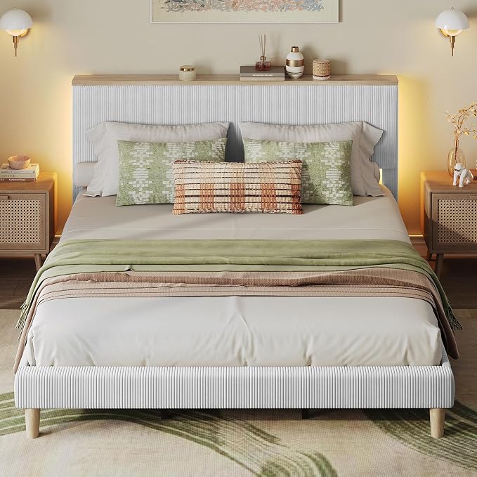 Bestier King Bed Frame with Adjustable Headboard & RGB LEDLighting, Corduroy Upholstered Platform Bed Frame withStorage Shelf, Solid Wood Slats, No Box Spring Needed,Never Squeak, Light Grey