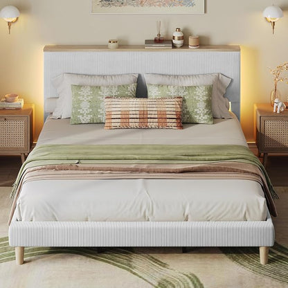 Bestier King Bed Frame with Adjustable Headboard & RGB LEDLighting, Corduroy Upholstered Platform Bed Frame withStorage Shelf, Solid Wood Slats, No Box Spring Needed,Never Squeak, Light Grey