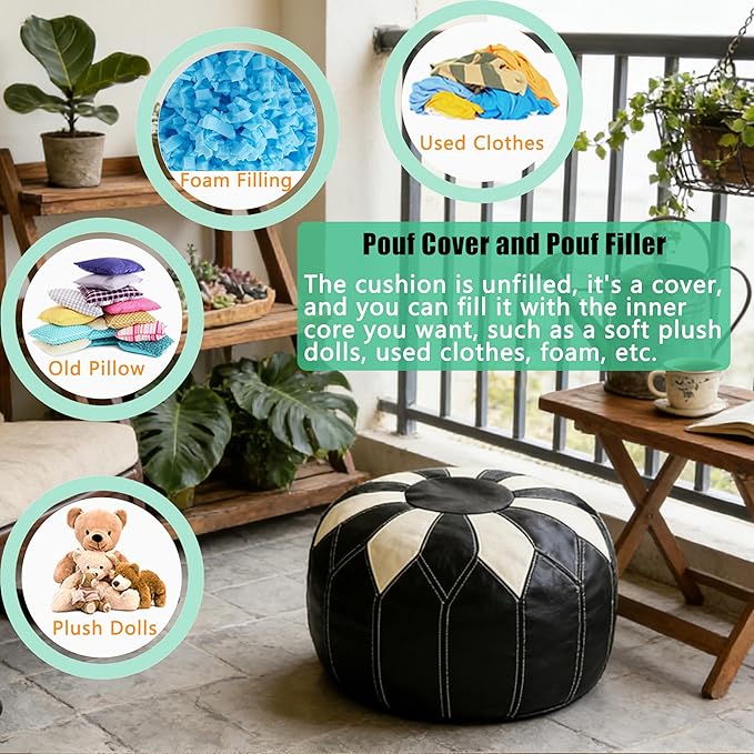 Thgonwid Unstuffed Moroccan Faux Leather Pouf Ottoman Cover with Storage - Boho Chic Multi-Use Footrest for Living Room, Bedroom, Patio - Round Ethnic Floor Cushion & Decorative Accent, Black&White