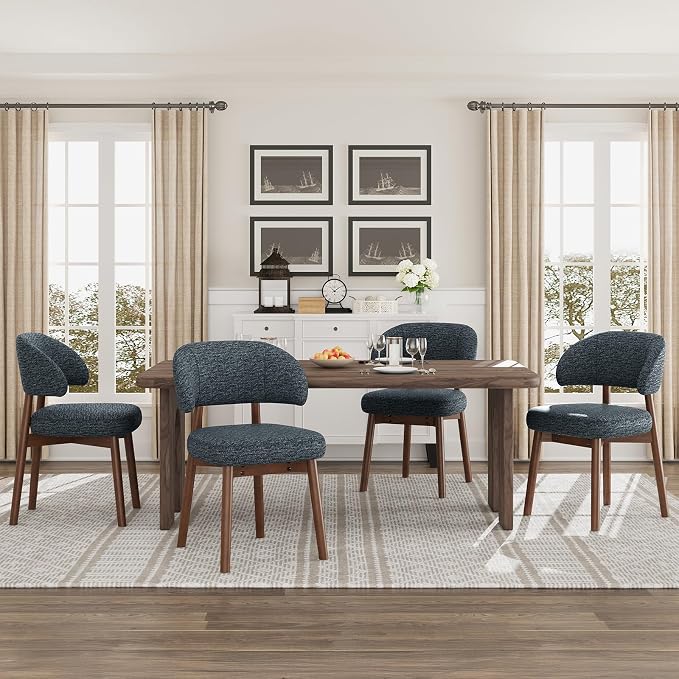 MALOL Wooden Dining Chairs Set of 4, Modern Upholstered Dining Room Chair, Fabric Kitchen Side Chairs with Curved Open Back for Living Room/Restaurant/Cafe, Dark Blue