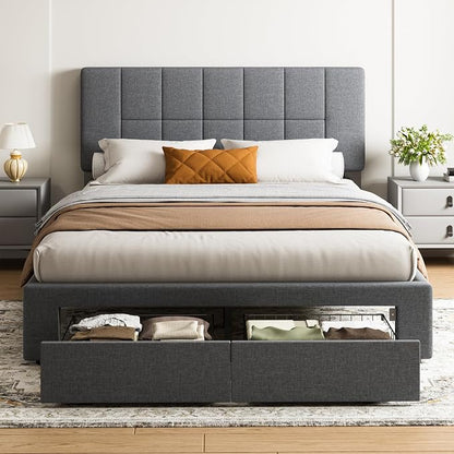 Marsail Queen Bed Frame with 2 Storage Drawers, Sturdy & Durable with 12 Support Legs, 1300 lbs Capacity, Solid Wooden Upholstered Adjustable Headboard for 6″–12″ Mattresses, Easy Assembly, Dark Gray