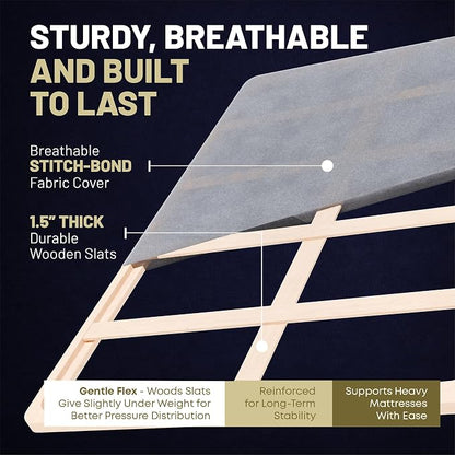 1.5" Split Wood Bunkie Board Full Size Bed, Under Mattress Support, Fully Assembled, Fabric Ventilation Cover-Replaces Wooden Slats or Box Spring for Bed Frames