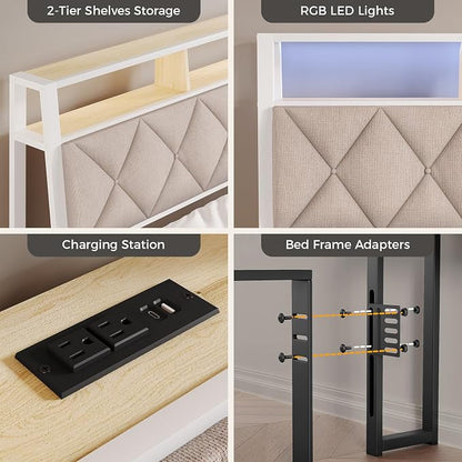 Full Headboard Only, Headboard for Full Size Bed with Storage, Upholstered Headboards with LED Lights & Charging Station, Attach Frame, Ideal for Bedroom/Dorm/Guest Room, White & Beige