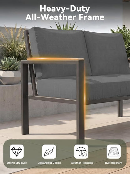 4-Piece Patio Furniture Set with Coffee Table & Removable Washable Cushions, All-Weather Metal Frame and Wood-Like Armrests for Porch, Garden, Balcony,Black