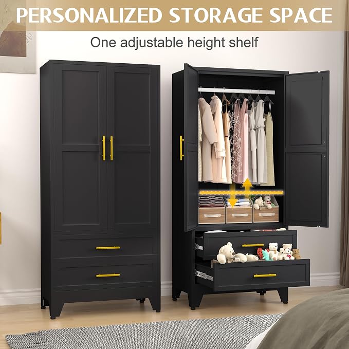 GAIOUS 71" Metal Wardrobe Cabinet with 2 Drawers and Hanging Rod Black | Clothing Storage Cabinets with 2 Doors and Adjustable Shelves, Armoire Wardrobe Closet for Bedroom, Laundry Cloak Room