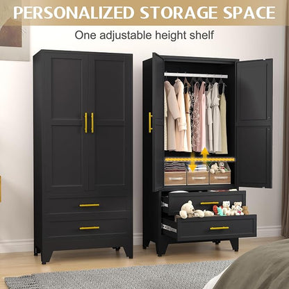 GAIOUS 71" Metal Wardrobe Cabinet with 2 Drawers and Hanging Rod Black | Clothing Storage Cabinets with 2 Doors and Adjustable Shelves, Armoire Wardrobe Closet for Bedroom, Laundry Cloak Room
