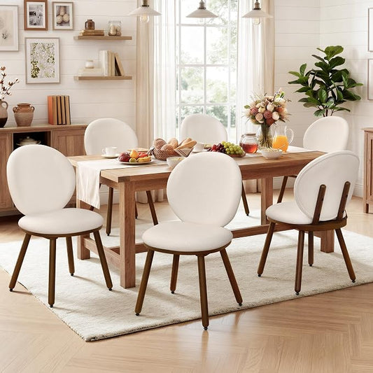 LUE BONA Dining Chairs Set of 6, Upholstered Fabric Chairs with Dual-Spine Backrest, Kitchen Chairs with Solid Wood Legs and Ergonomic Curved Seat, Easy Assembly for Kitchen Dining Room, White