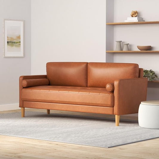 Studio Living® Lexington 75.6" Sofa, Mid-Century Modern, Pocket Coil Comfort, Easy Assembly, Vegan Leather, Carmel
