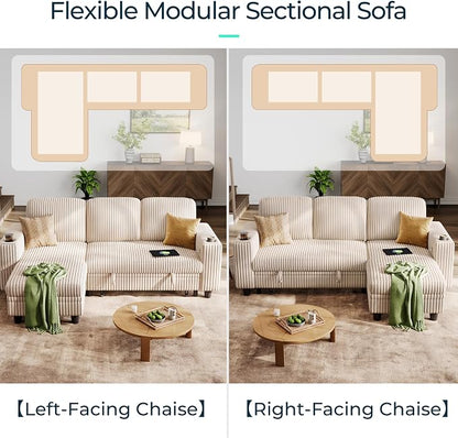 LINSY Home 81" Modular Sectional Couch with Pull Out Bed, L Shaped 3 Seats Sofa with Storage Chaise, Corduroy Convertible Sofa Bed, USB, Cup Holders, Side Pocket, Sleeper Sofa for Living Room, Beige