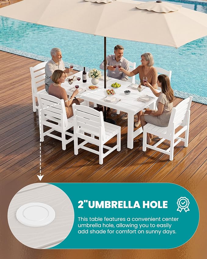 SERWALL Patio Dining Sets for 6 Person, HDPE Dining Set with 6 Armless Chairs, White