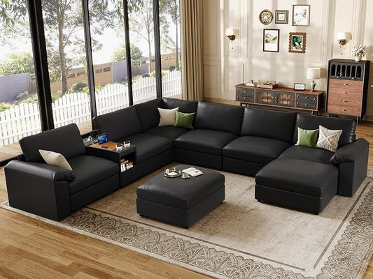EASE MOOSE Faux Leather Sectional Couch with Console,Oversized Modular Sofa, Modern Comfy Modular Couch,Scratch Resistant Material Sofas,U Shaped Couch for Big Spaces,Black