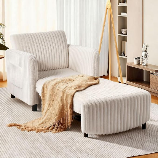 Sleeper Chair, 84" Extra Long Convertible Chair Bed, Upgraded 3-in-1 to 4-in-1 Pull Out Chair & Single Sofa Bed for Adult, Sleeping Chairs for Living Room, Small Space Faux Rabbit Fur White